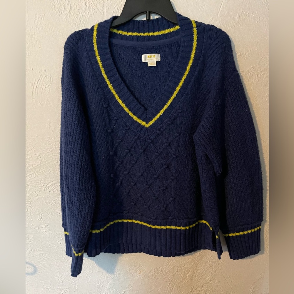 Anthropologie Maeve Navy V-Neck Sweater with Yellow Trim